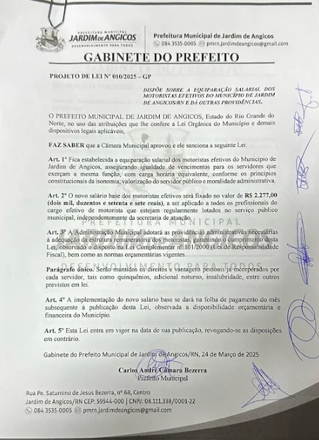 Câmara aprova e prefeito sanciona lei de reajuste para motoristas em Jardim de Angicos
